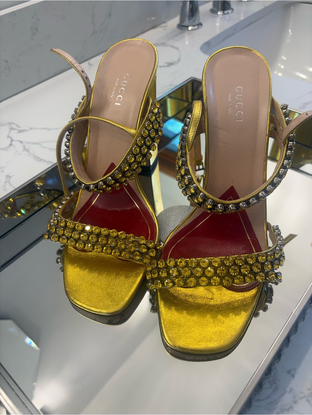 Gucci Gold Crystal-Strap Satin Heels with Red Insole